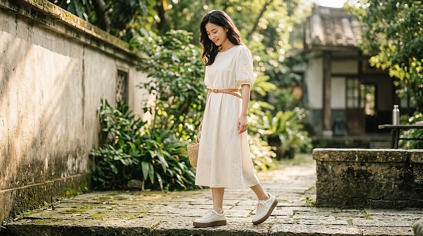 奶杏色德訓餅乾鞋穿搭示範，溫柔清新的日系風格，4公分厚底拉長腿部比例，搭配 3M 防潑水科技，淺色白鞋抗污好清潔。