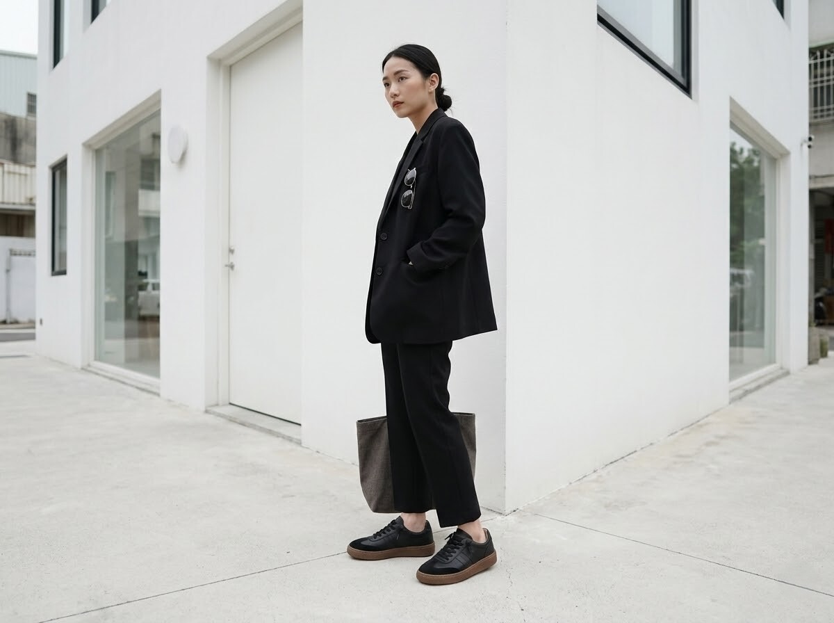 經典黑厚底德訓餅乾鞋職場通勤穿搭，極簡俐落零失誤，搭配西裝寬褲展現專業氣場。寬楦舒適抗髒污，護理師與上班族的久站首選。