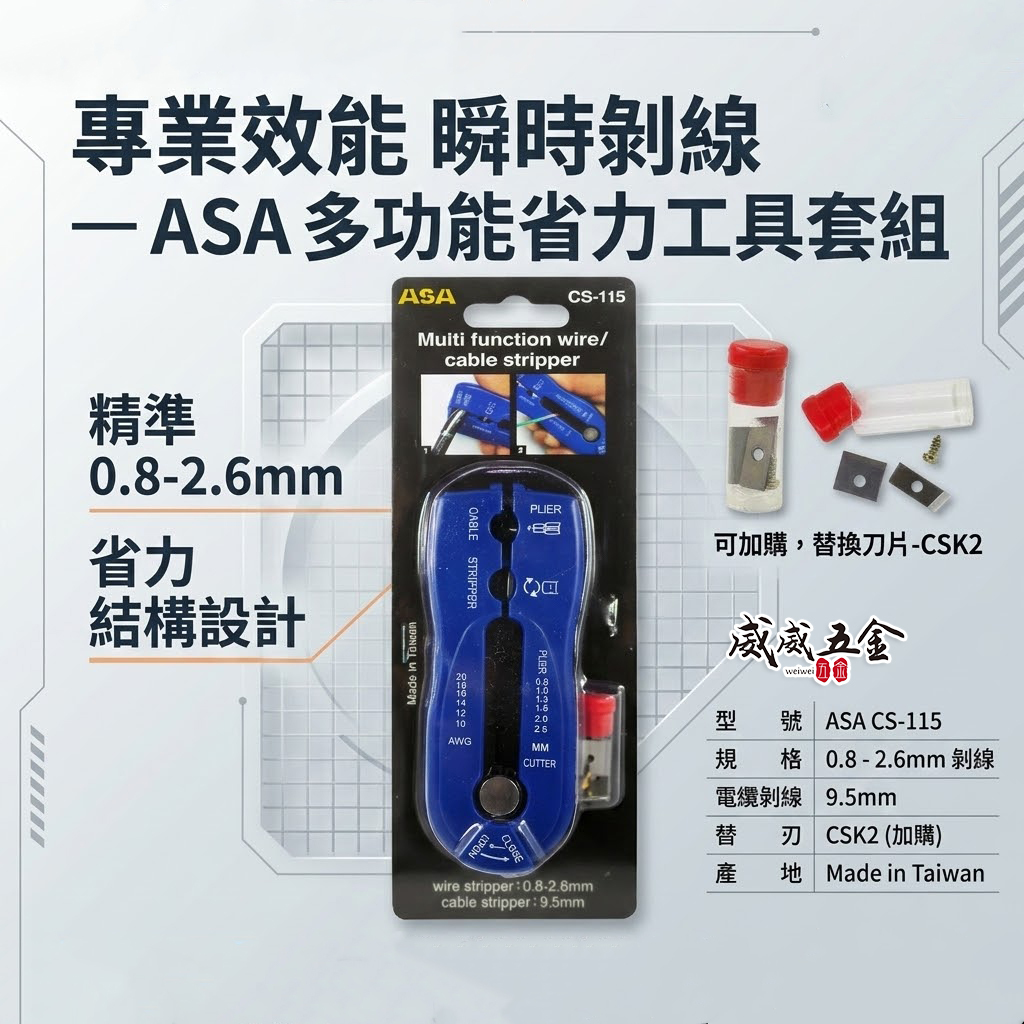 ASA 台灣製｜多功能剝線鉗 剝電纜鉗 剝絕緣皮鉗 剝電線皮 剝皮刀 剪線鉗 撥線鉗｜替換刀片｜CS-115