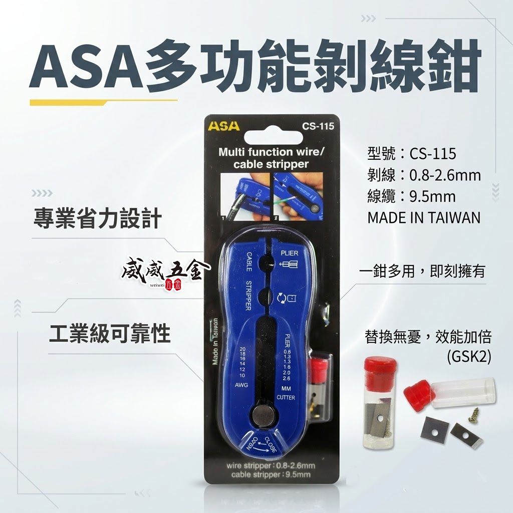 ASA 台灣製｜多功能剝線鉗 剝電纜鉗 剝絕緣皮鉗 剝電線皮 剝皮刀 剪線鉗 撥線鉗｜替換刀片｜CS-115