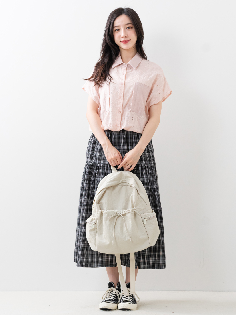 簍空棉布繡花連袖上衣格紋剪接細褶裙組合