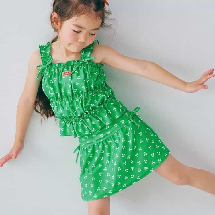 日本 90-140 褶皺印花背心+裙褲泳衣套裝 4色