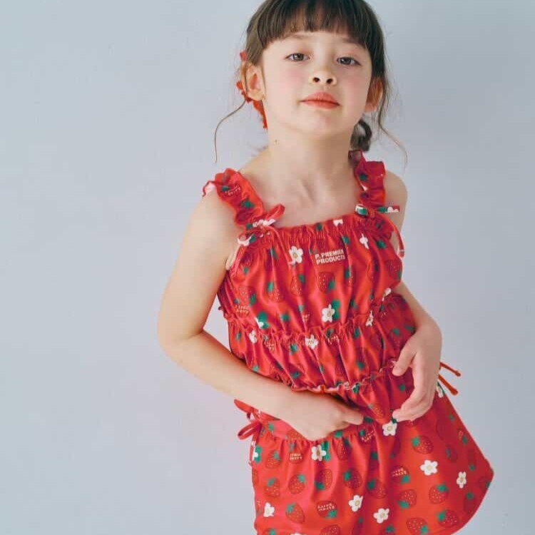 日本 90-140 褶皺印花背心+裙褲泳衣套裝 4色