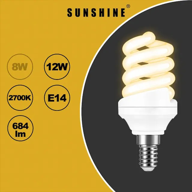 慳電膽(螺旋型燈膽) 12W / E14細螺頭 / 白光6400K 黃光2700K (S16A12E14D/W)