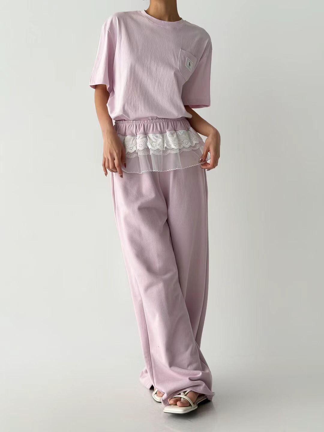 蕾絲紗圈裝飾休閒長褲