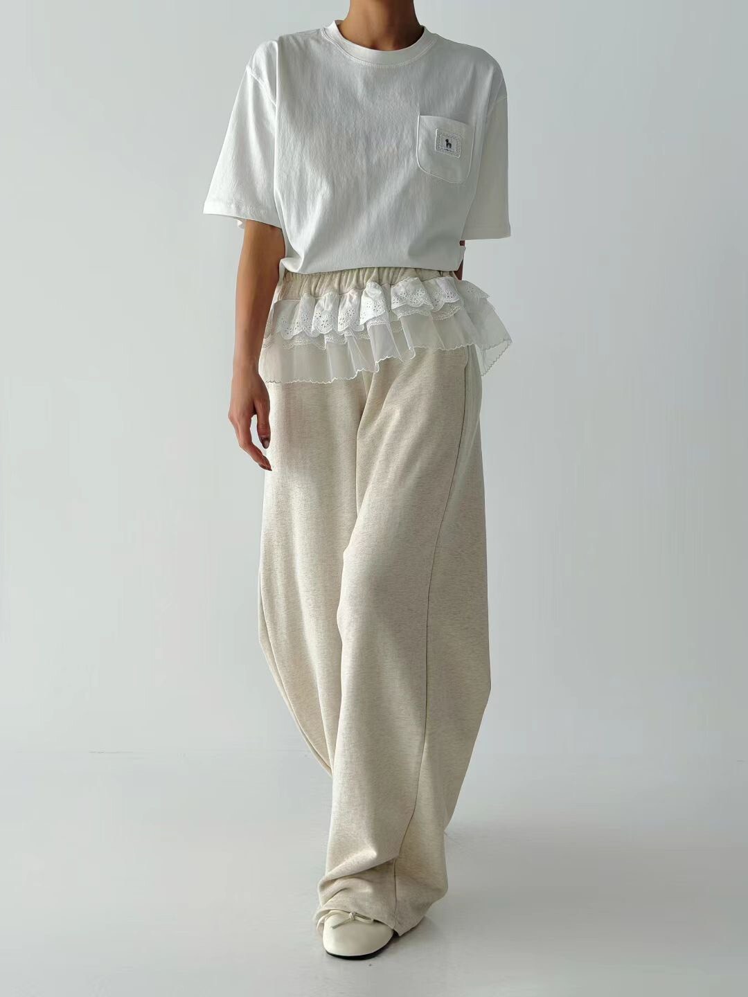 蕾絲紗圈裝飾休閒長褲