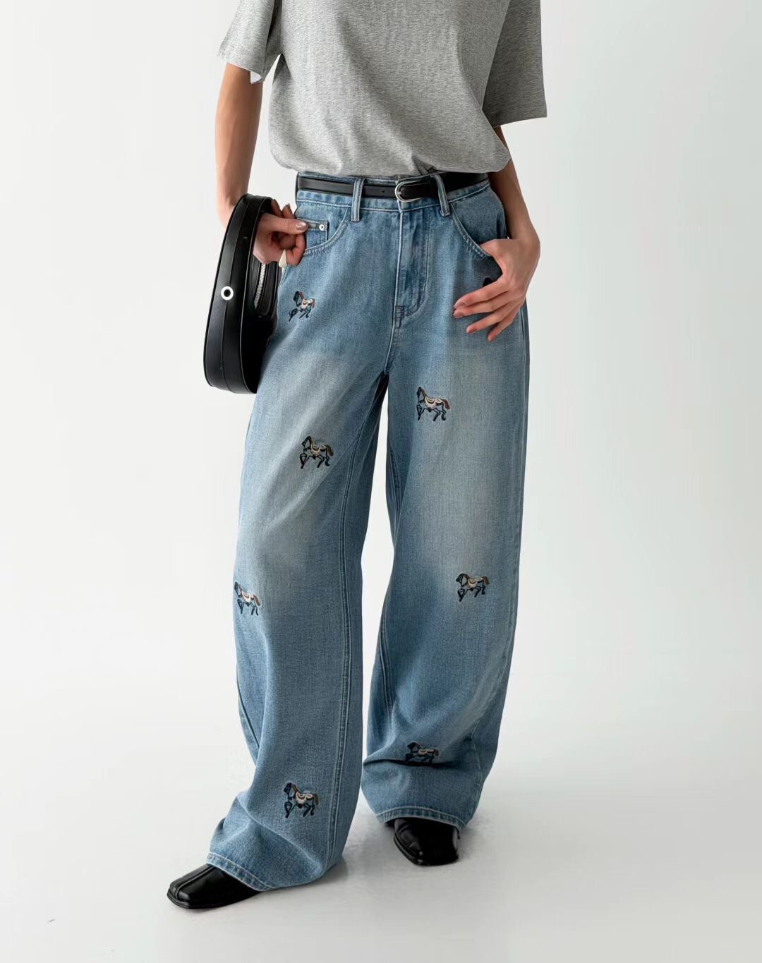 馬兒刺繡牛仔長褲