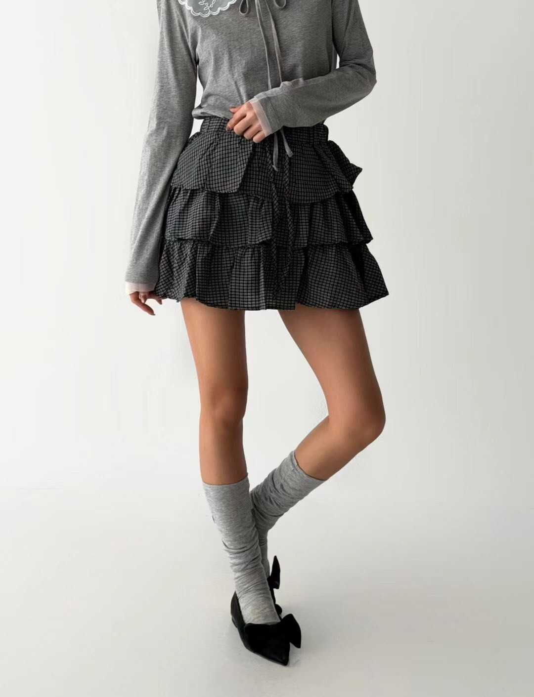 格子三層蛋糕短褲裙