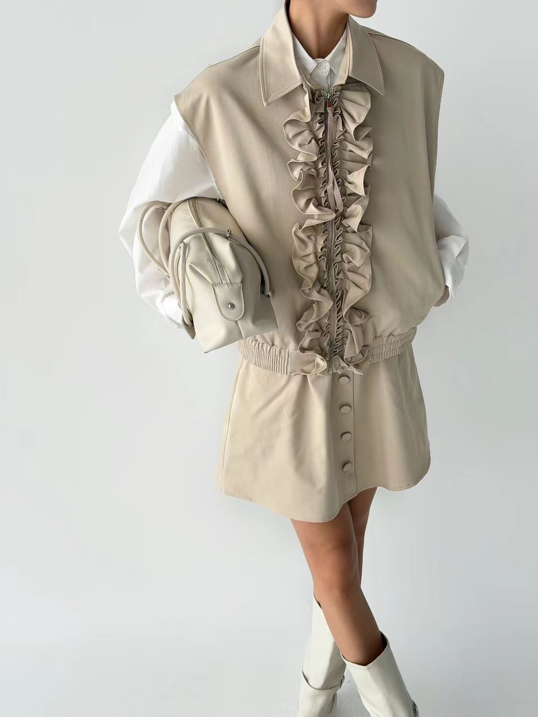 荷葉馬甲外套  釦子短裙(分售)