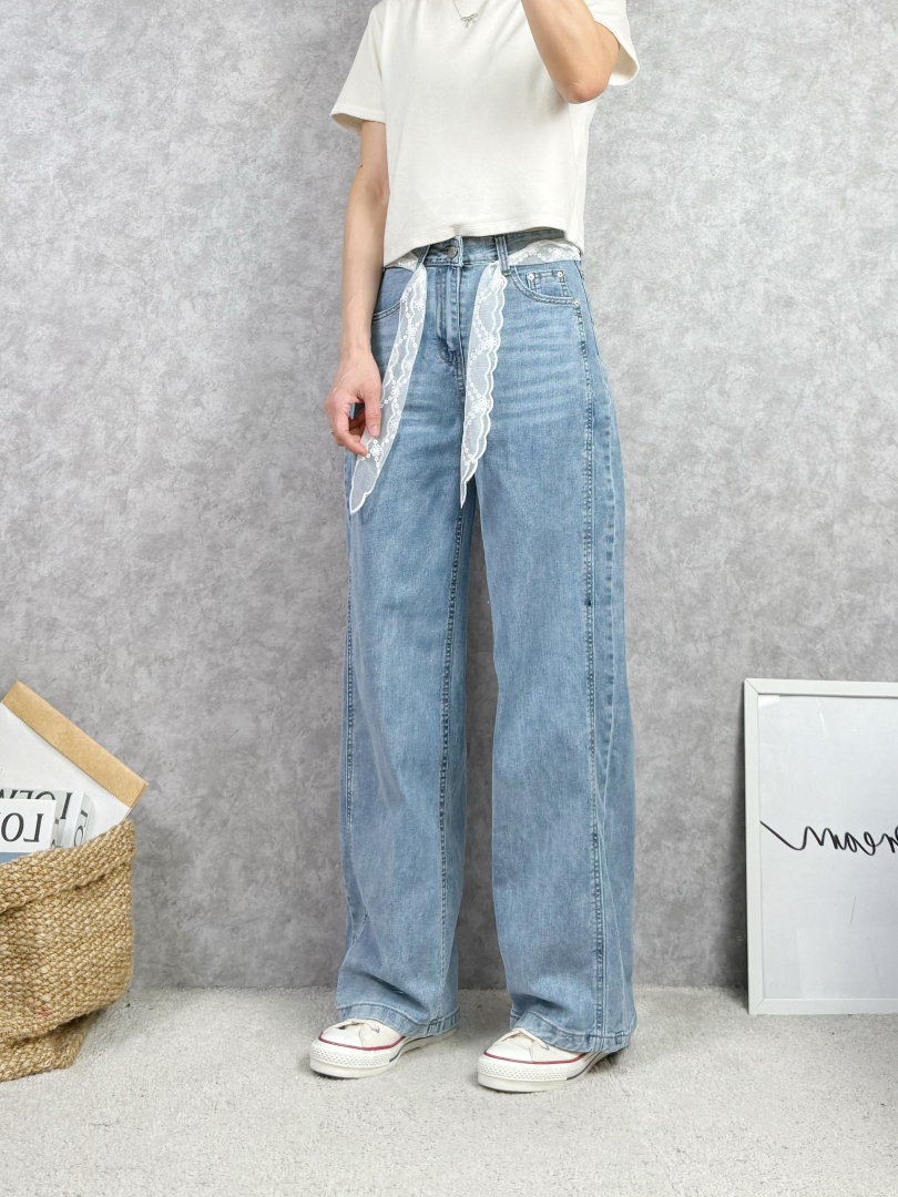韓系蕾絲巾造型牛仔寬褲｜輕薄柔軟顯瘦寬褲