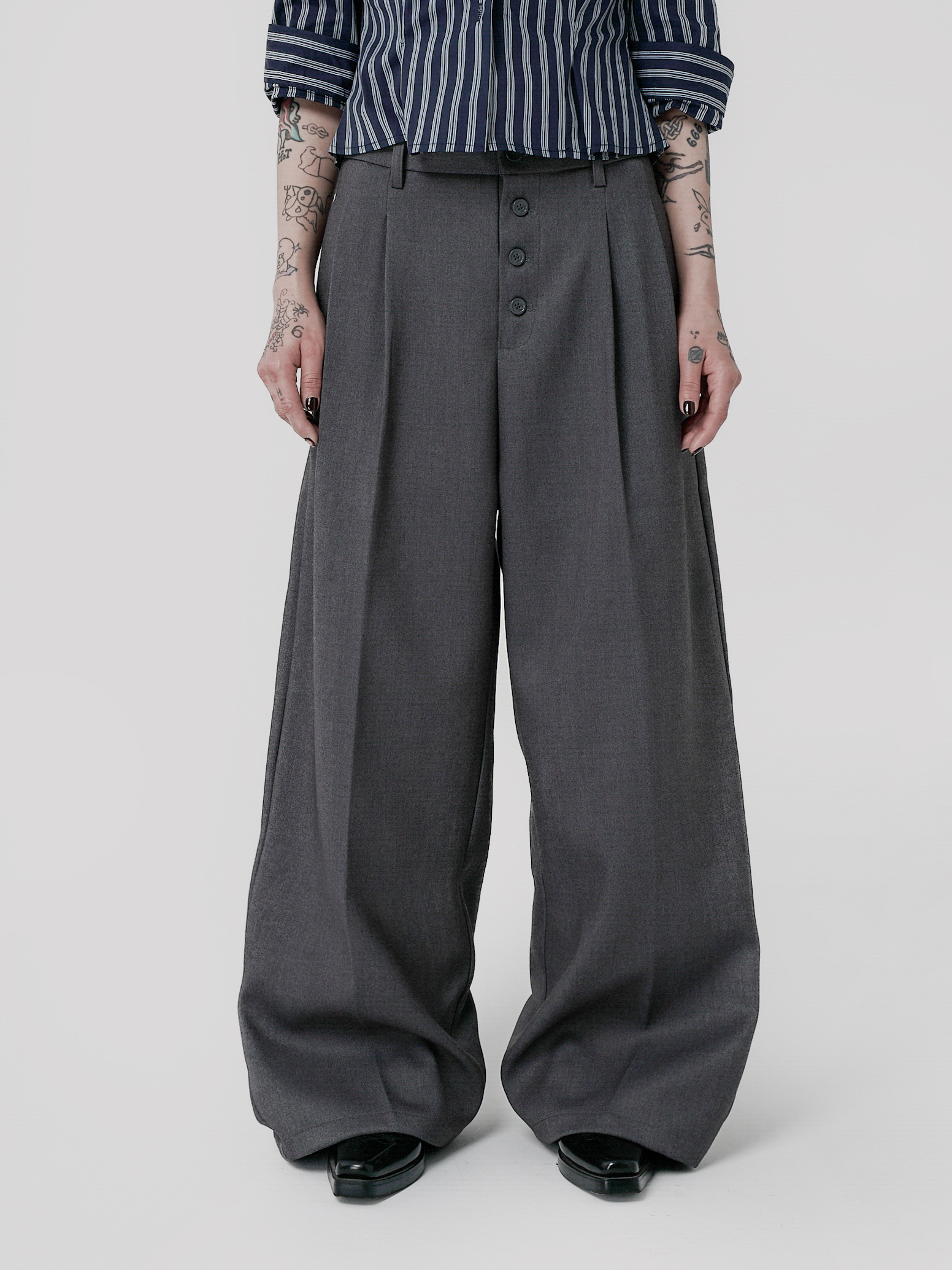 對色排釦西裝長褲-灰