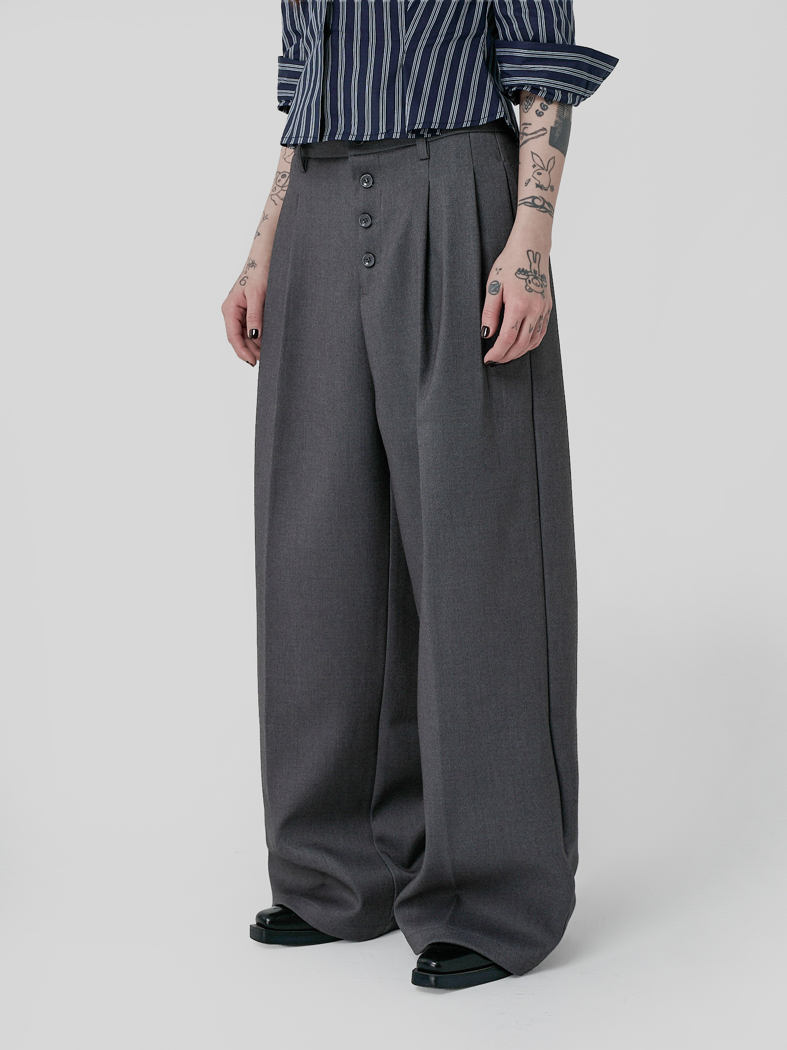 對色排釦西裝長褲-灰