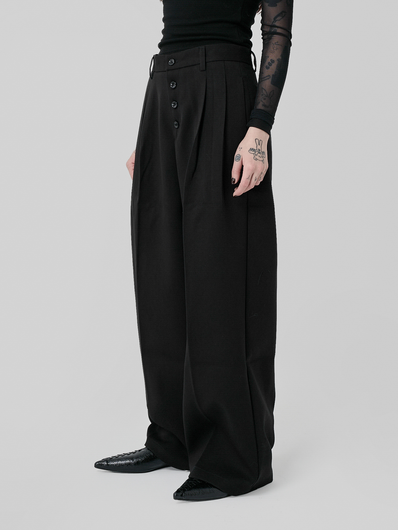 對色排釦西裝長褲-黑