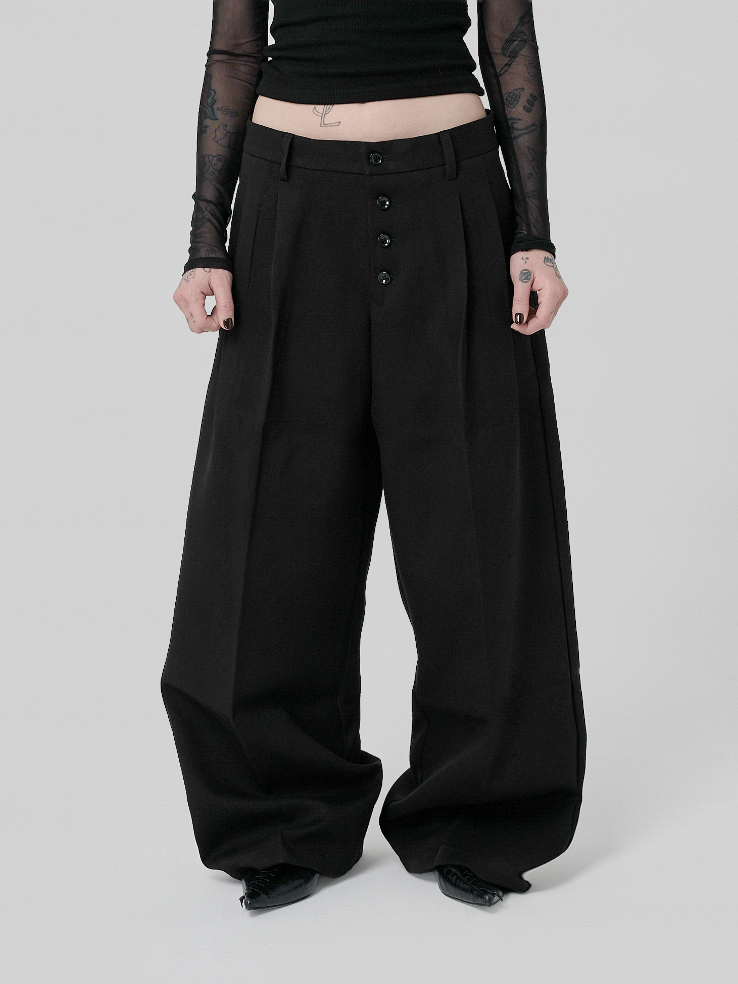 對色排釦西裝長褲-黑