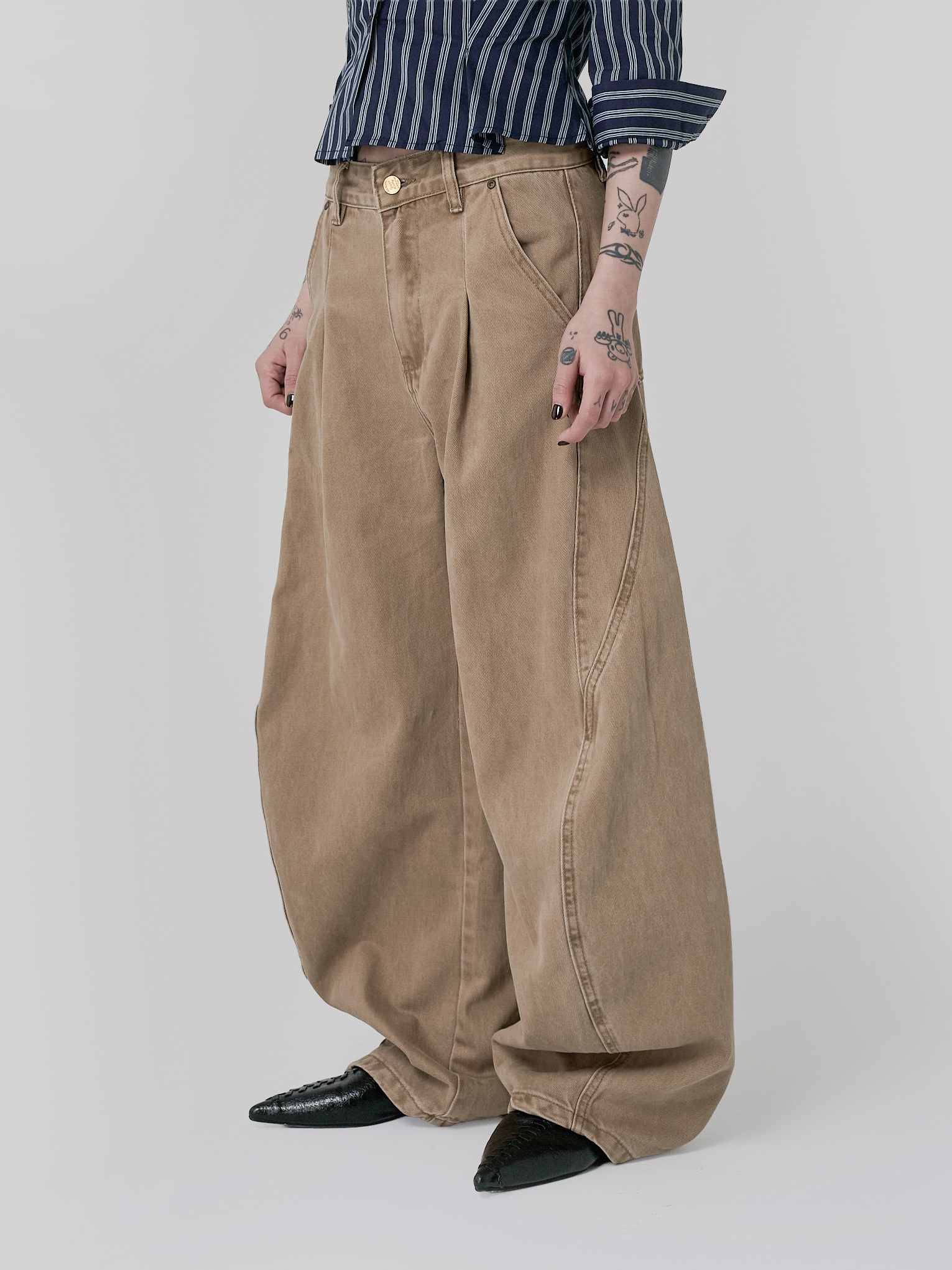 U面寬版打折長褲-棕