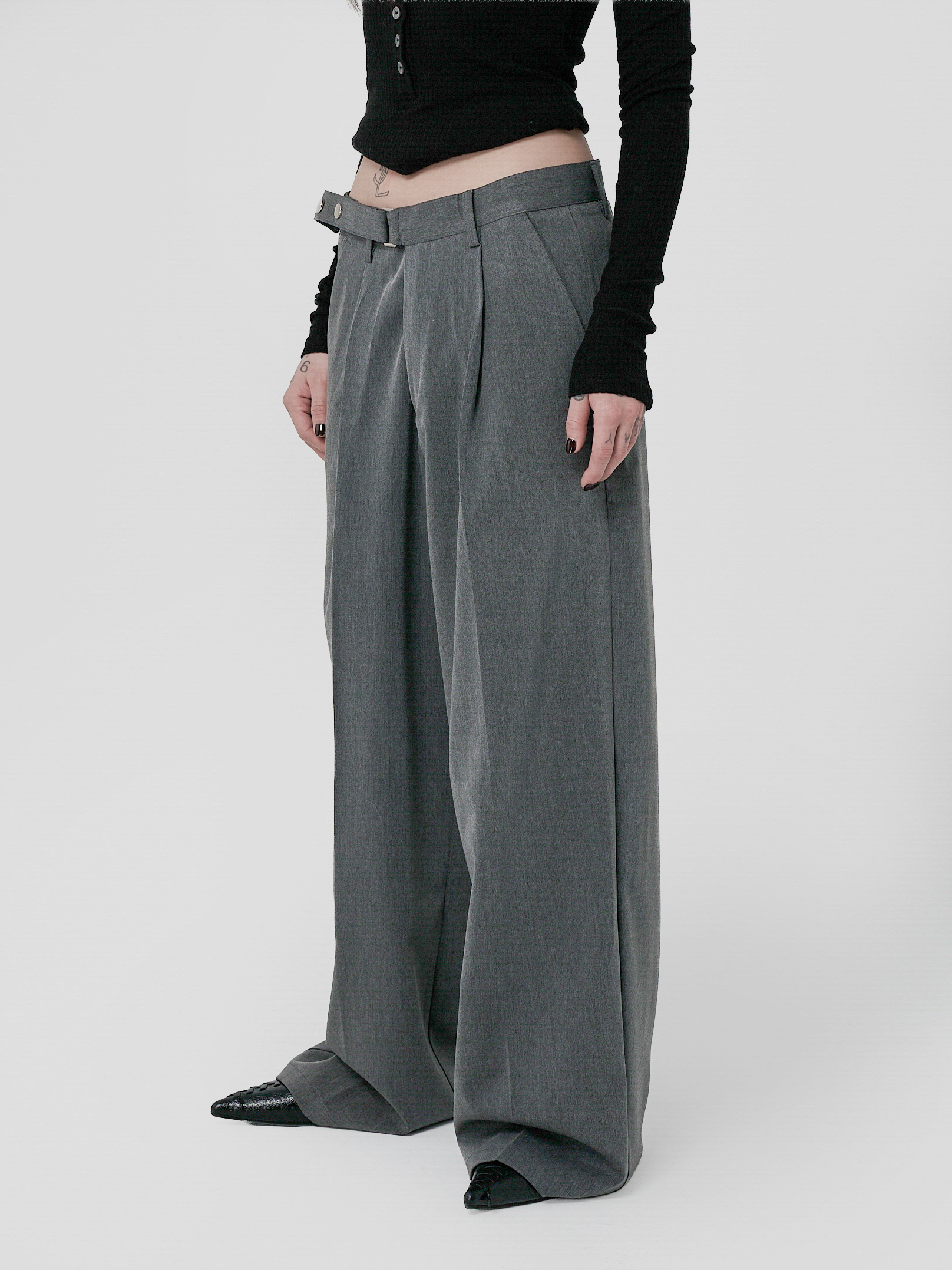 側調節直筒西裝長褲-灰