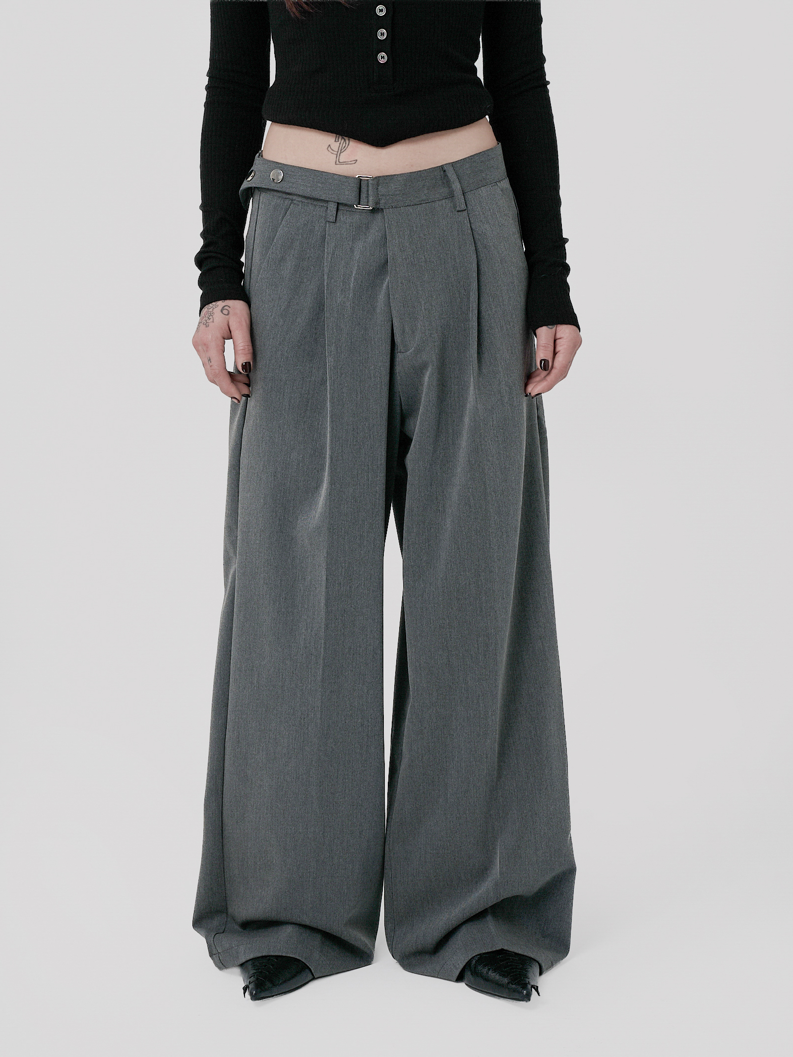 側調節直筒西裝長褲-灰