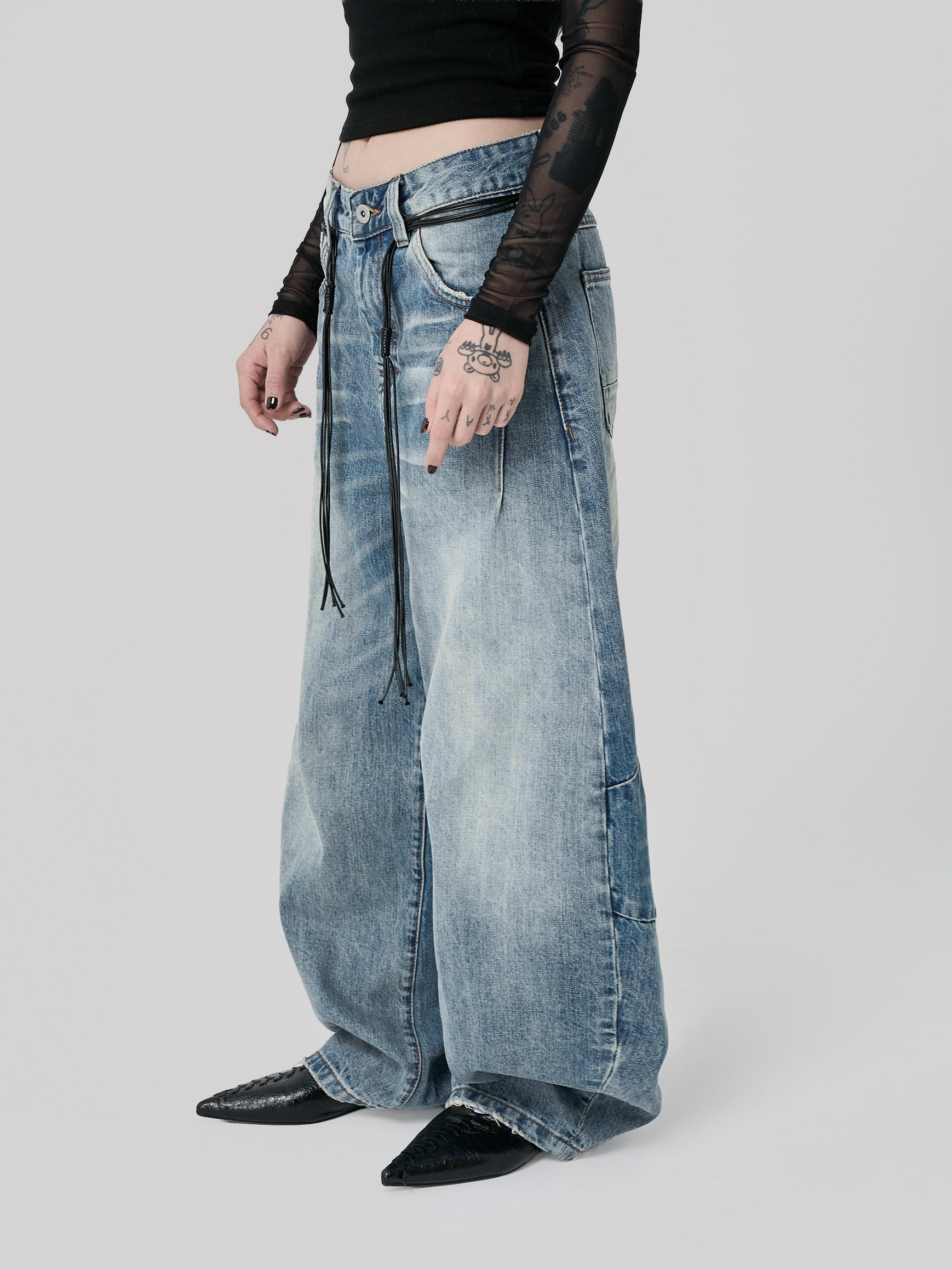 水洗橫面刷色牛仔長褲