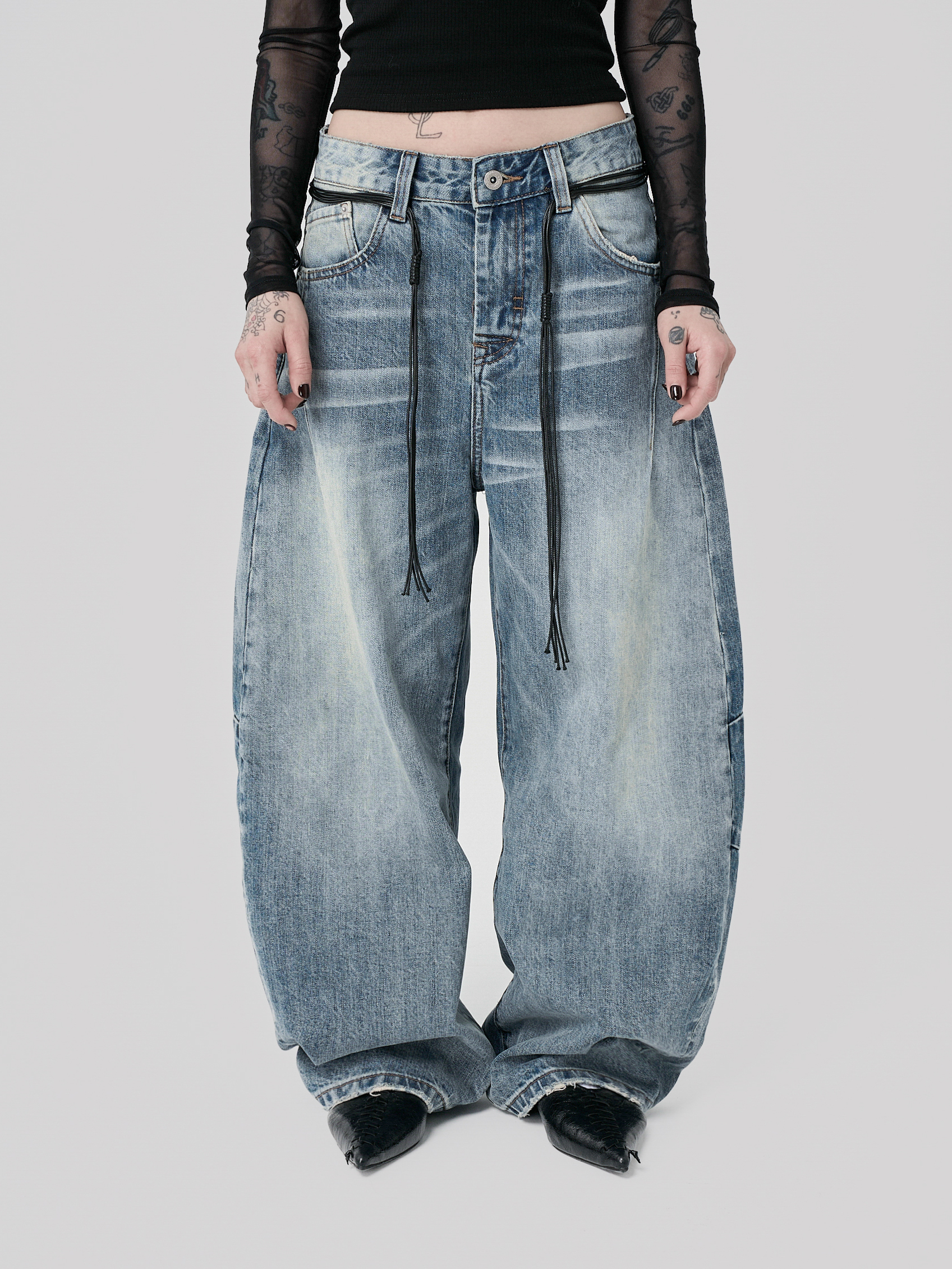 水洗橫面刷色牛仔長褲