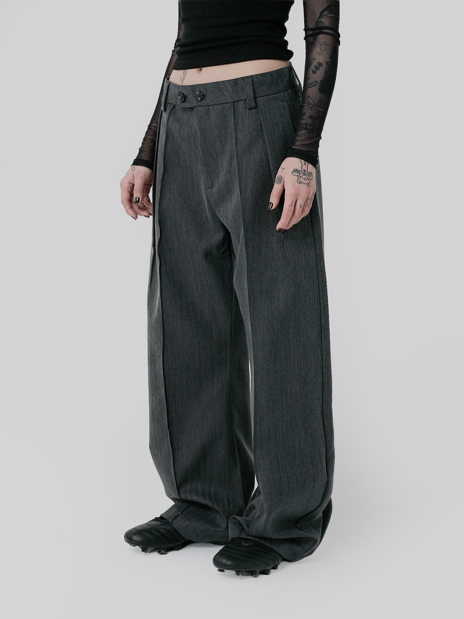 霧感立體前折西裝長褲-灰