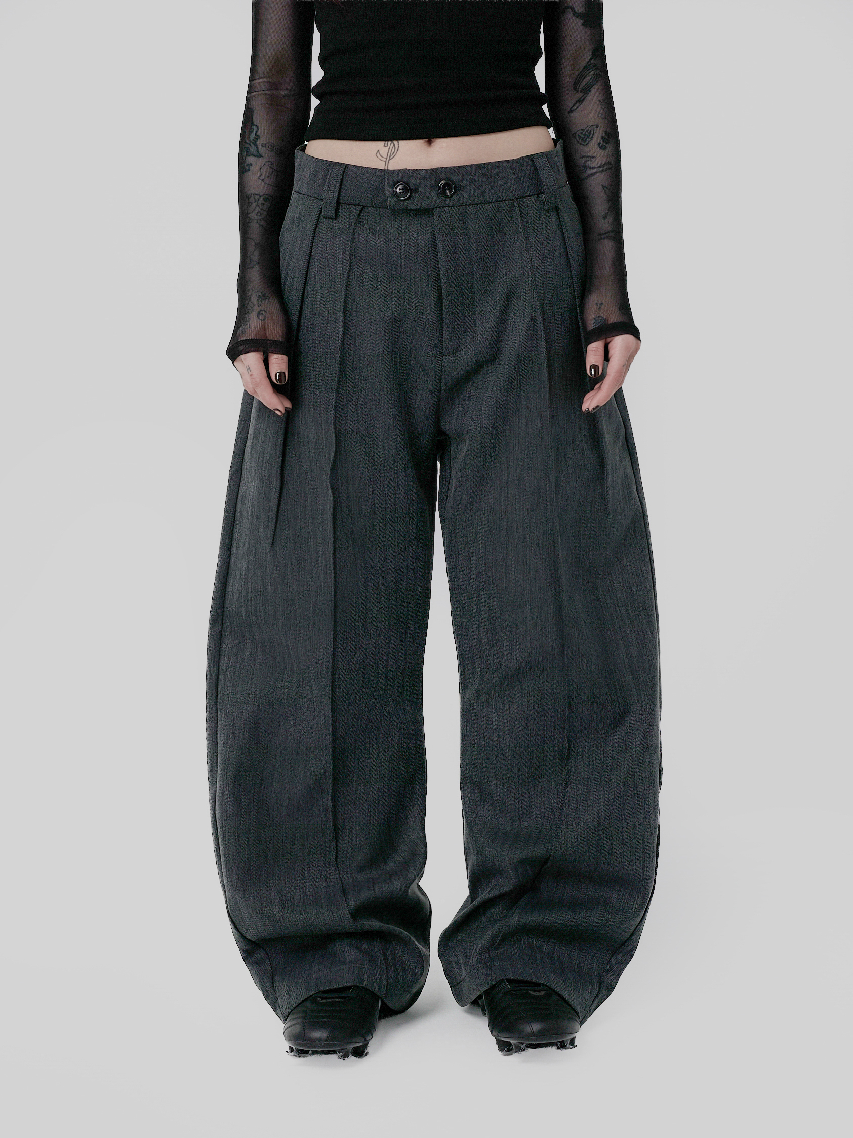 霧感立體前折西裝長褲-灰