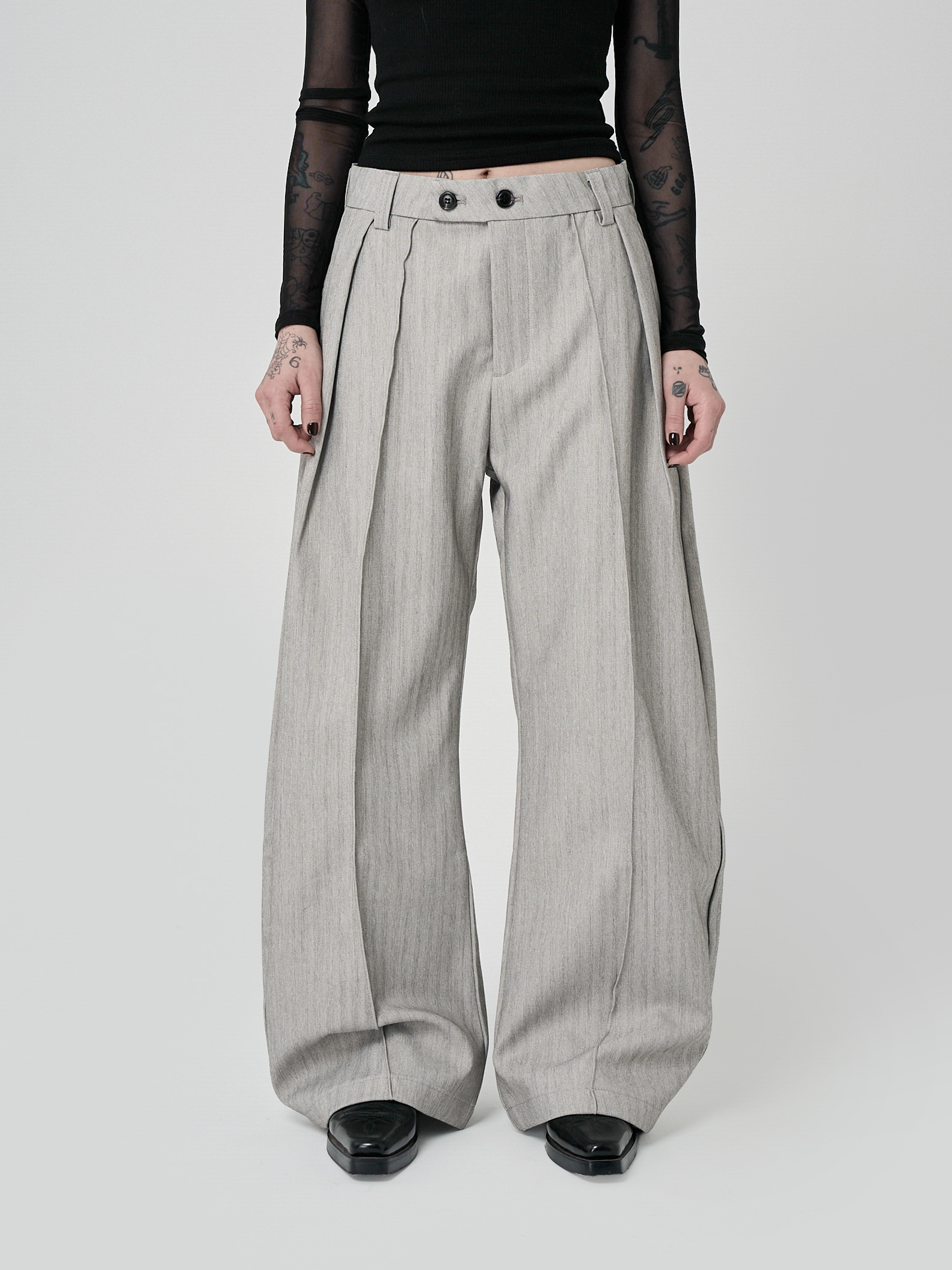 霧感立體前折西裝長褲-米