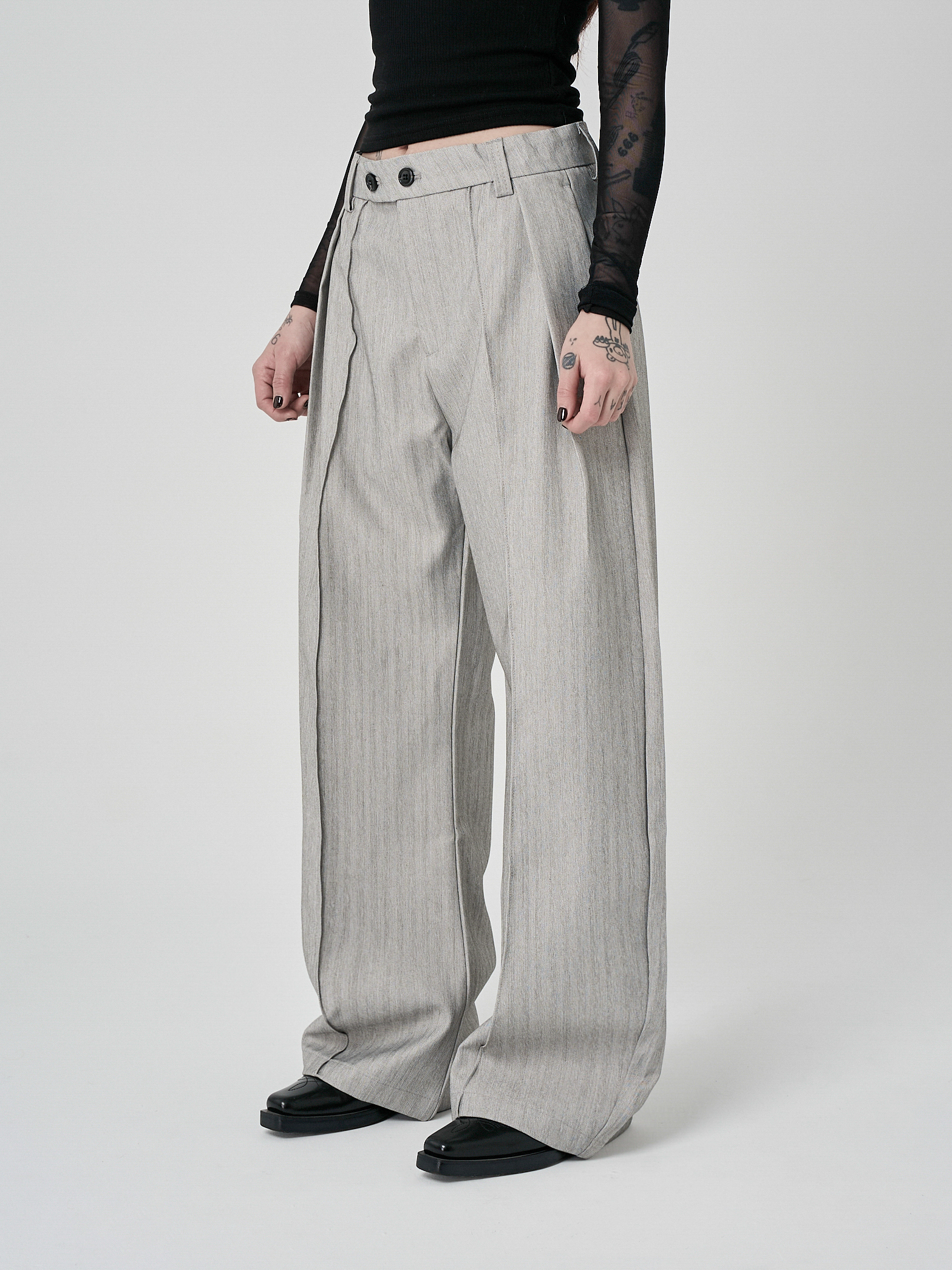 霧感立體前折西裝長褲-米