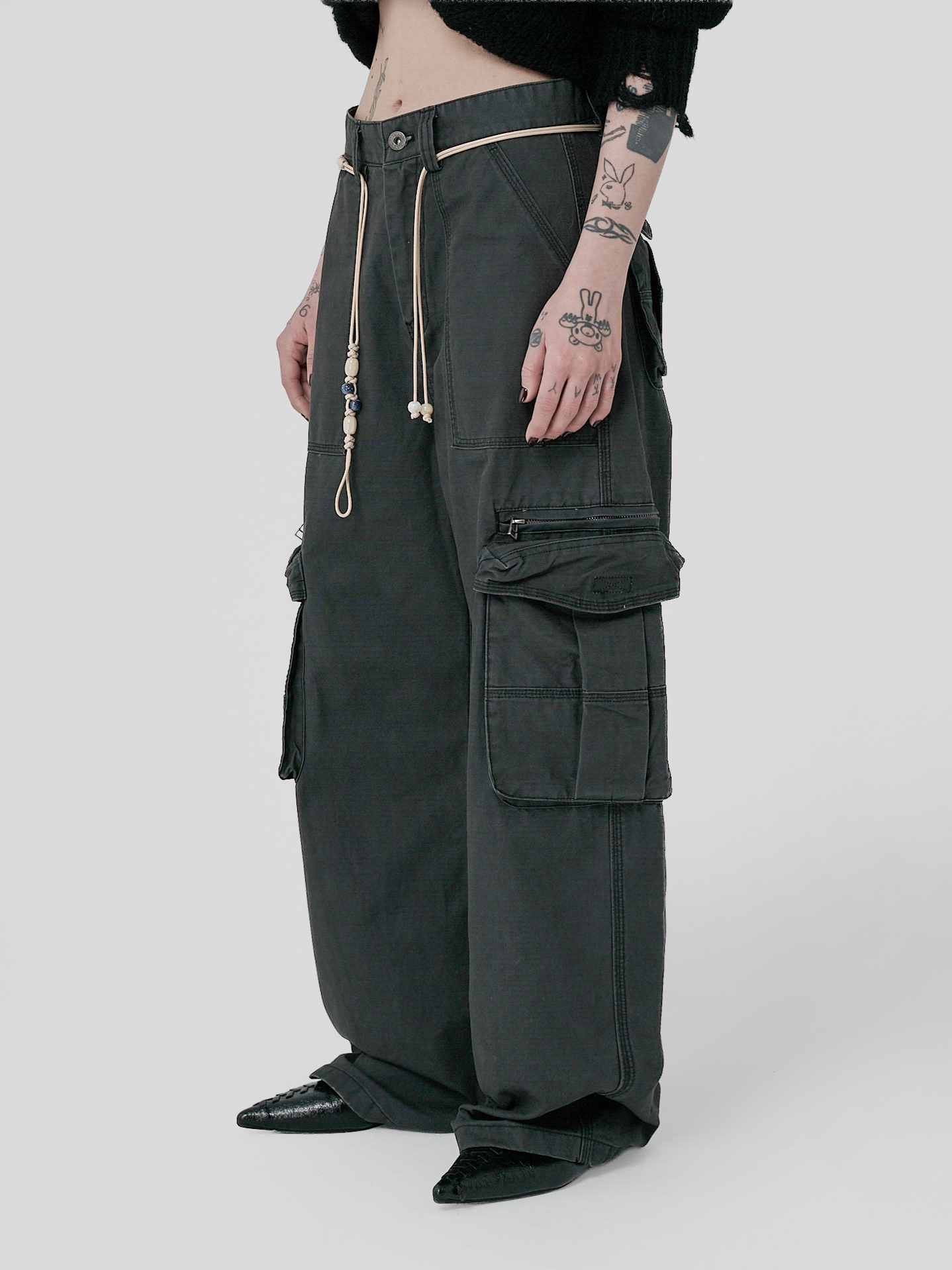 水洗立體拉鏈工裝長褲-灰