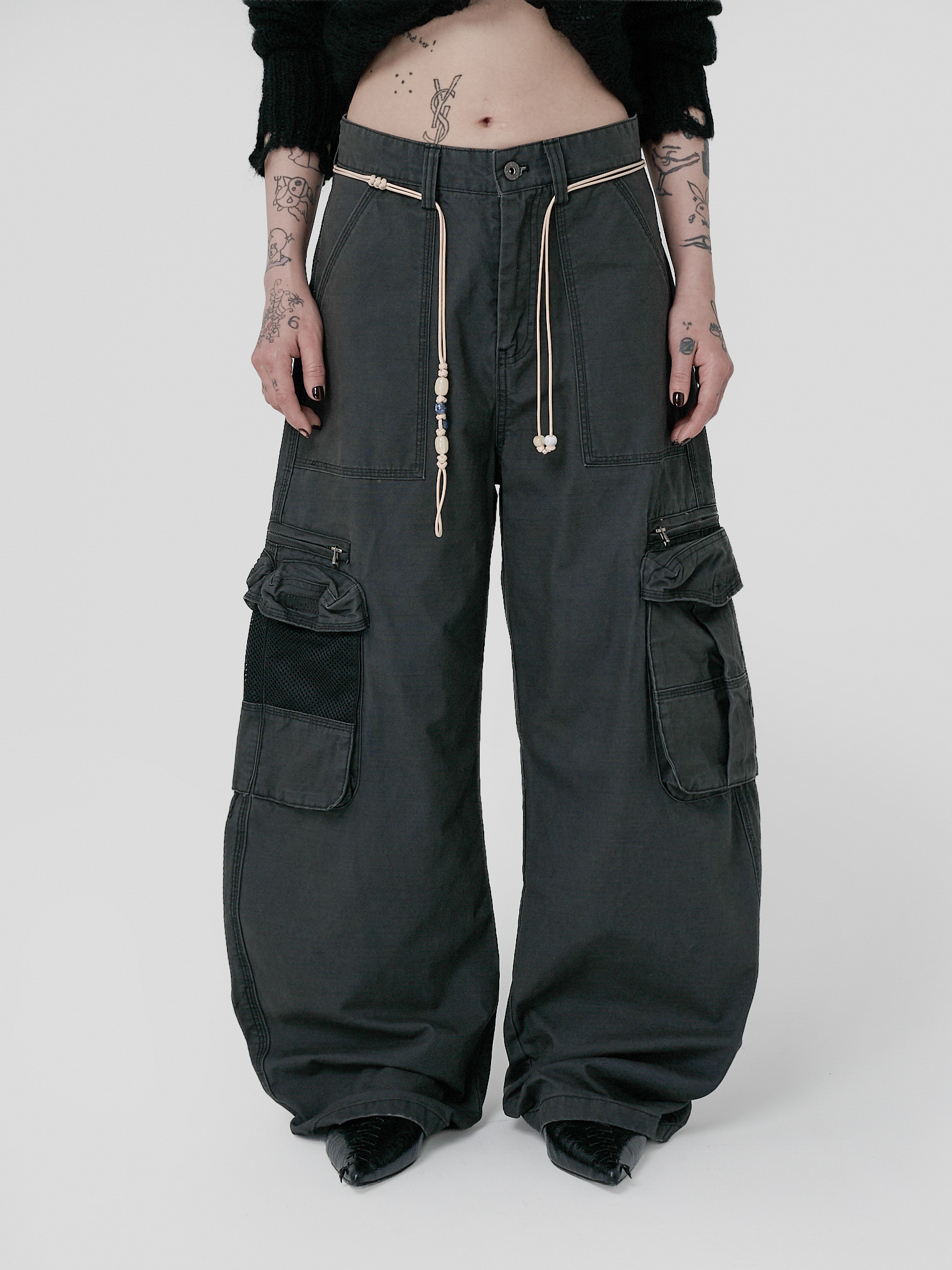 水洗立體拉鏈工裝長褲-灰