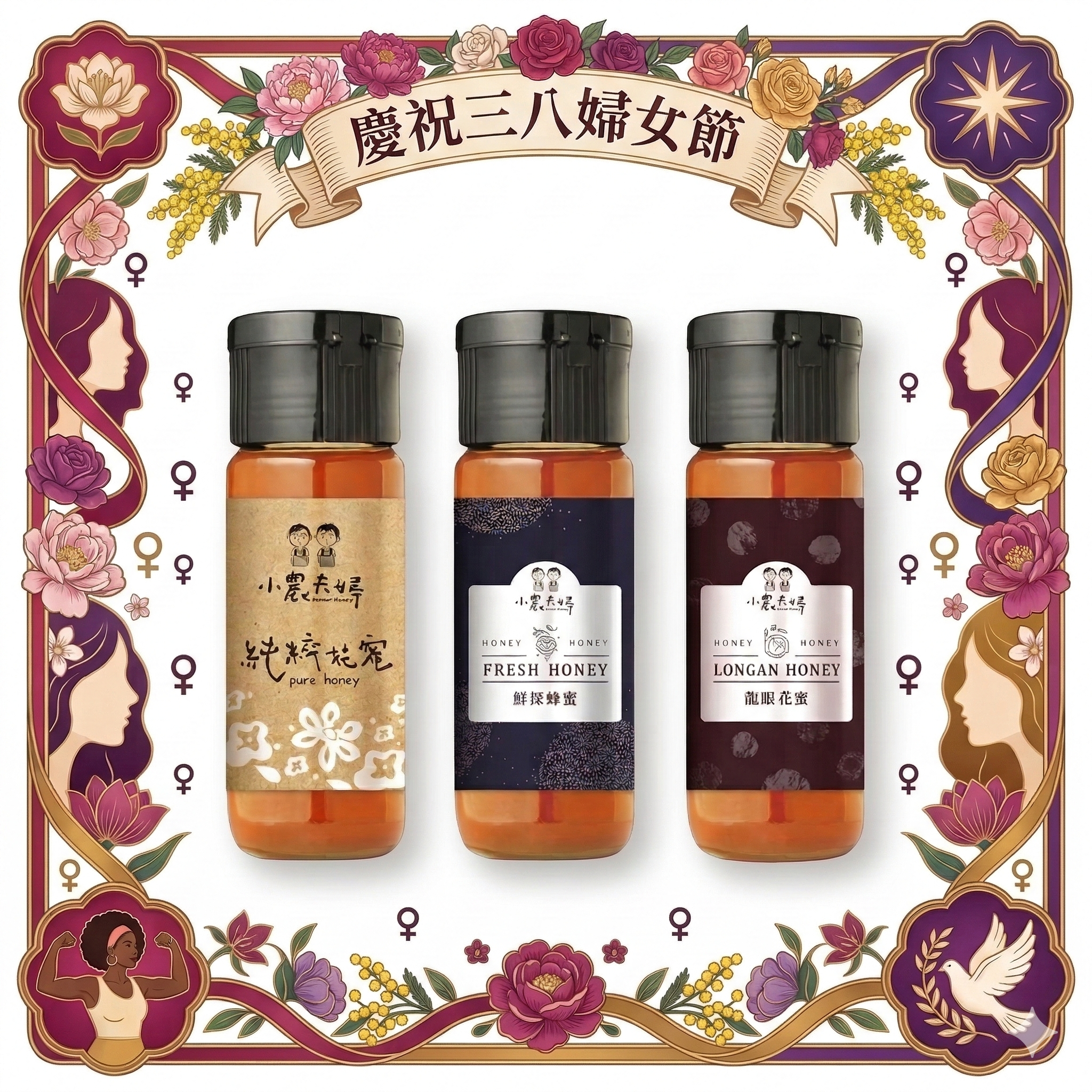 《送禮組合》台灣小農夫婦蜂蜜  龍眼/鮮採/純粹(420g二入盒裝)+附提袋