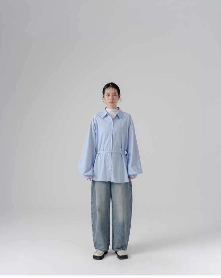 Blue striped pleated shirt with tie detail【01025775】in stock+pre-order