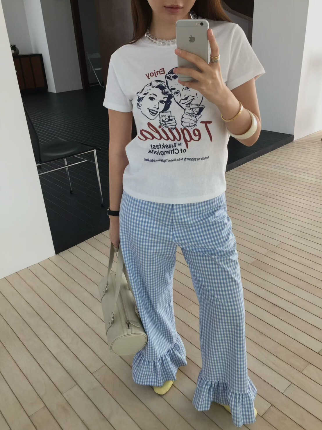 #AF52格紋荷葉長褲(黑/藍)