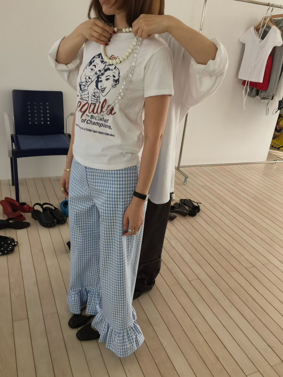 #AF52格紋荷葉長褲(黑/藍)