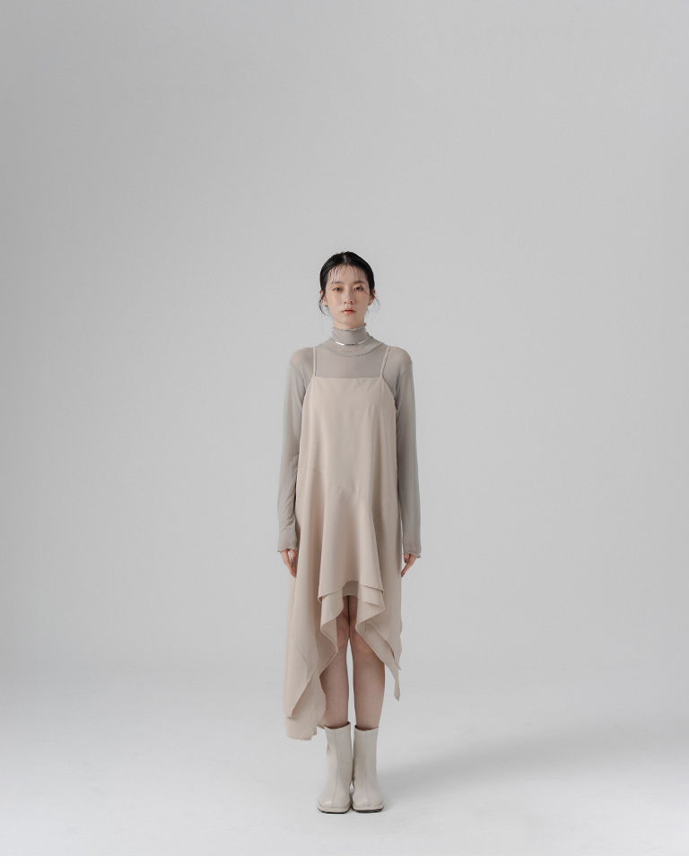 Asymmetrical hemline design, spaghetti strap mini dress - apricot gray【01087263】in stock+pre-order