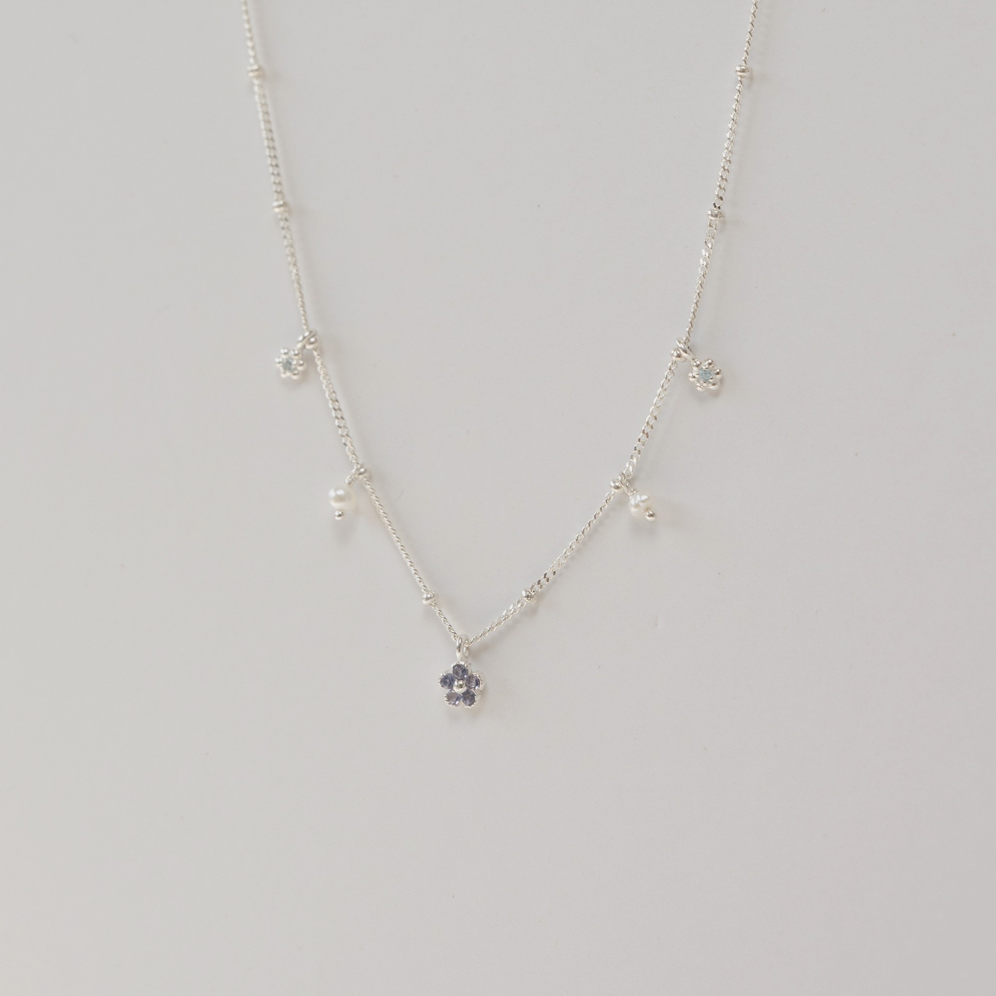 小花花藍色系寶石珍珠晃晃鎖骨鏈