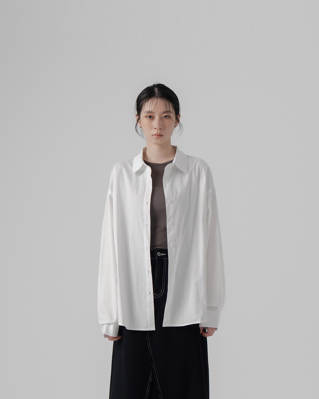 Simple plain design wide-sleeved long-sleeved shirt - white【01025752】in stock+pre-order