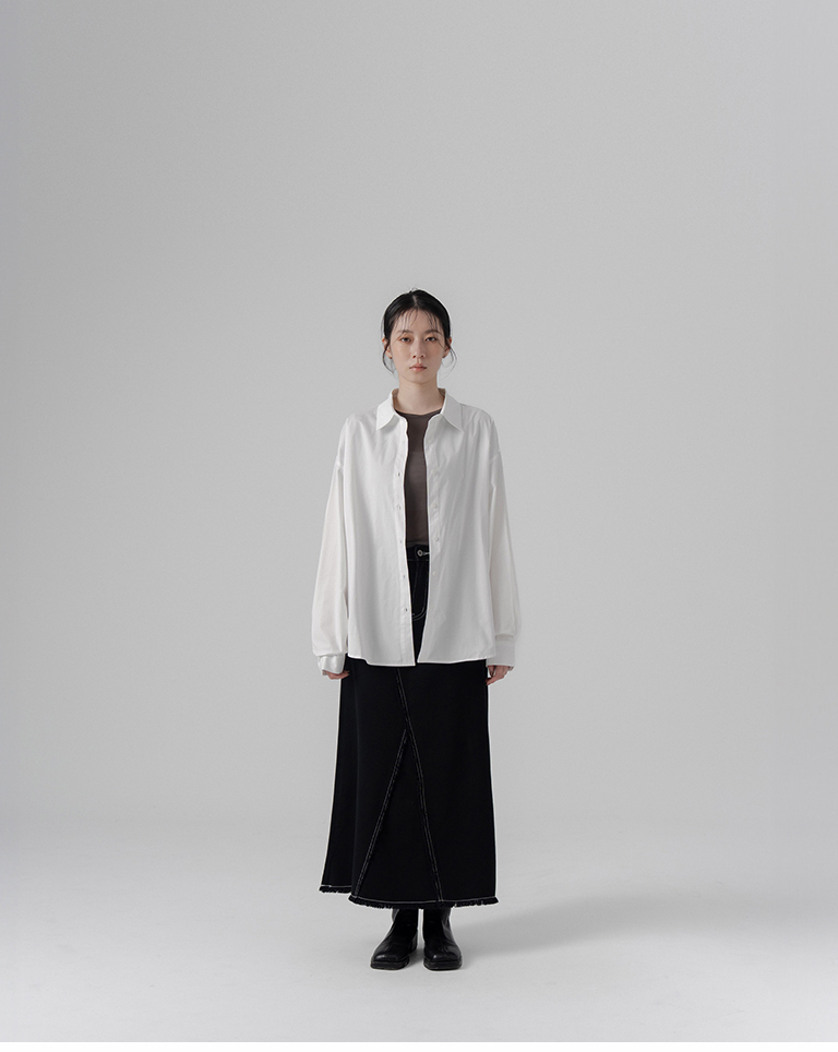 Simple plain design wide-sleeved long-sleeved shirt - white【01025752】in stock+pre-order