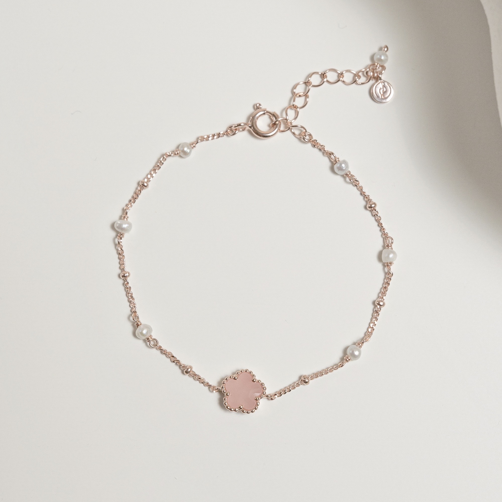 滾珠邊花朵粉紅石英珍珠細珠手鍊