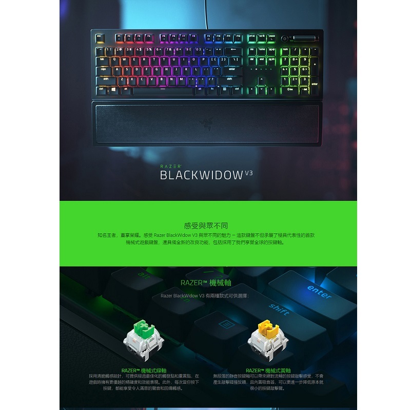 Razer 雷蛇 BlackWidow 黑寡婦V3【綠軸】機械式RGB鍵盤/RZ03-03541700-R3T1