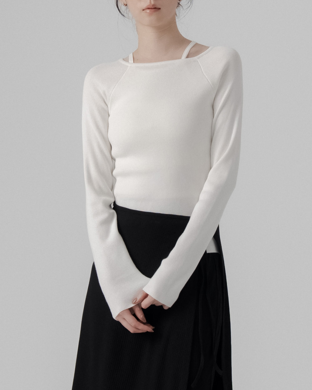 Textured Square Neck Ribbed Elastic Knit Top - Off-White【01099228】in stock+pre-order