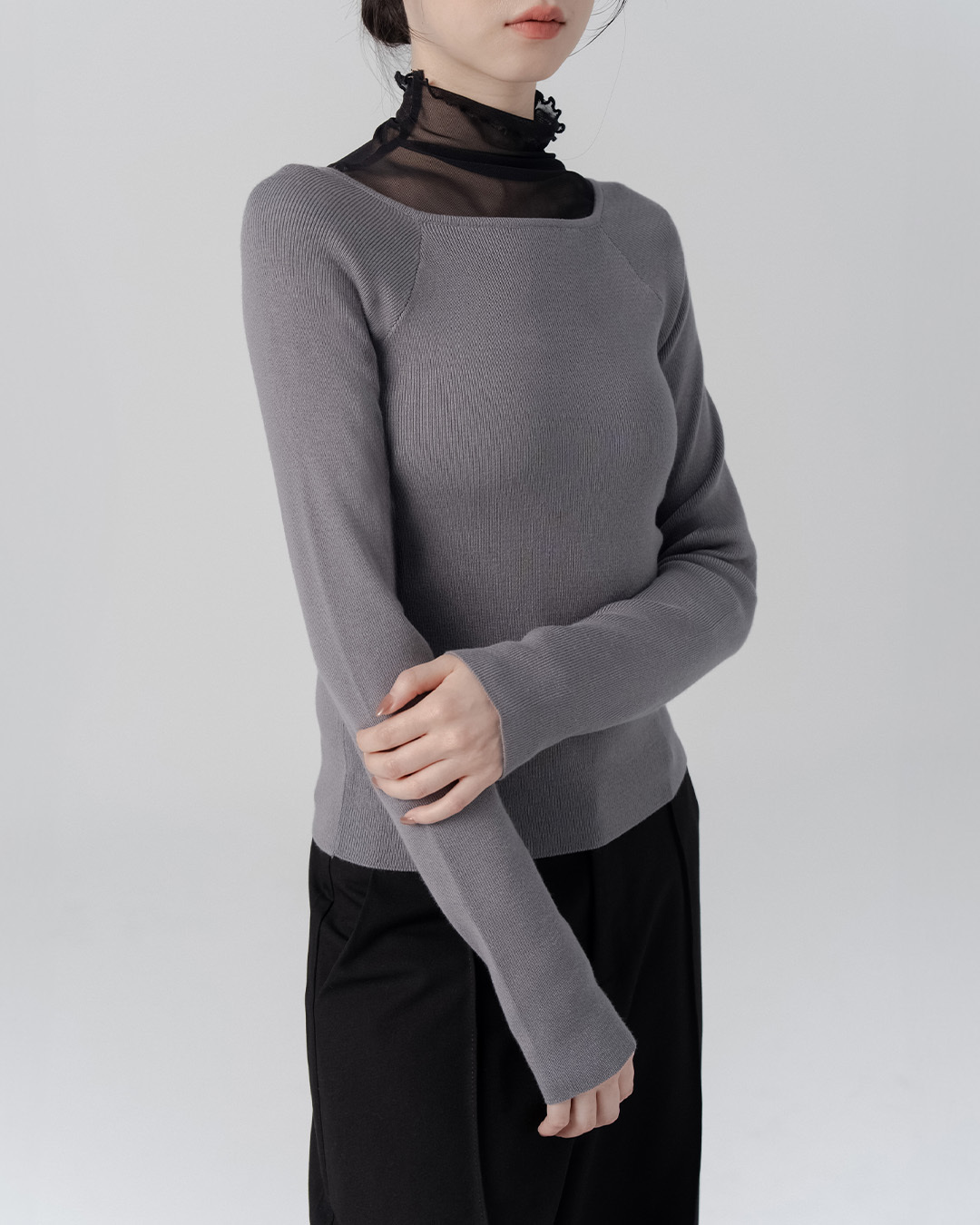 Textured Square Neck Ribbed Elastic Knit Top - gray【01099229】in stock+pre-order