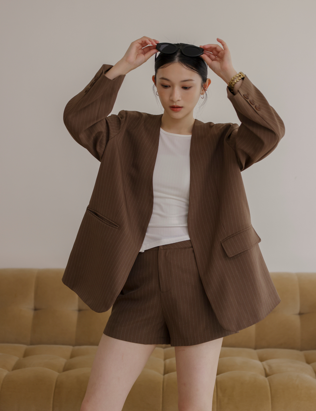 無領條紋西裝外套