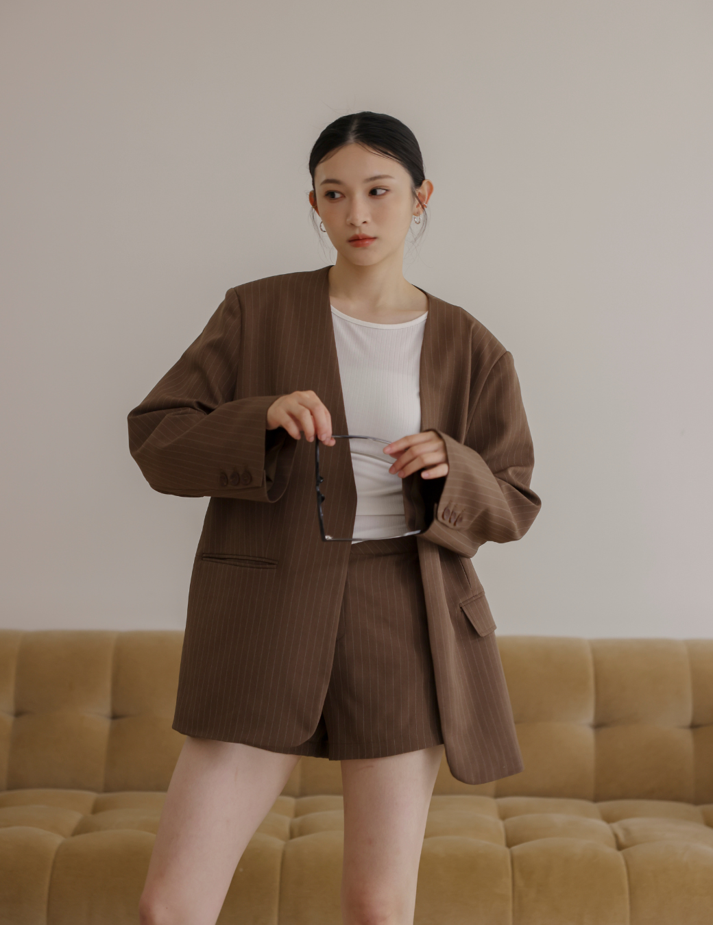 無領條紋西裝外套