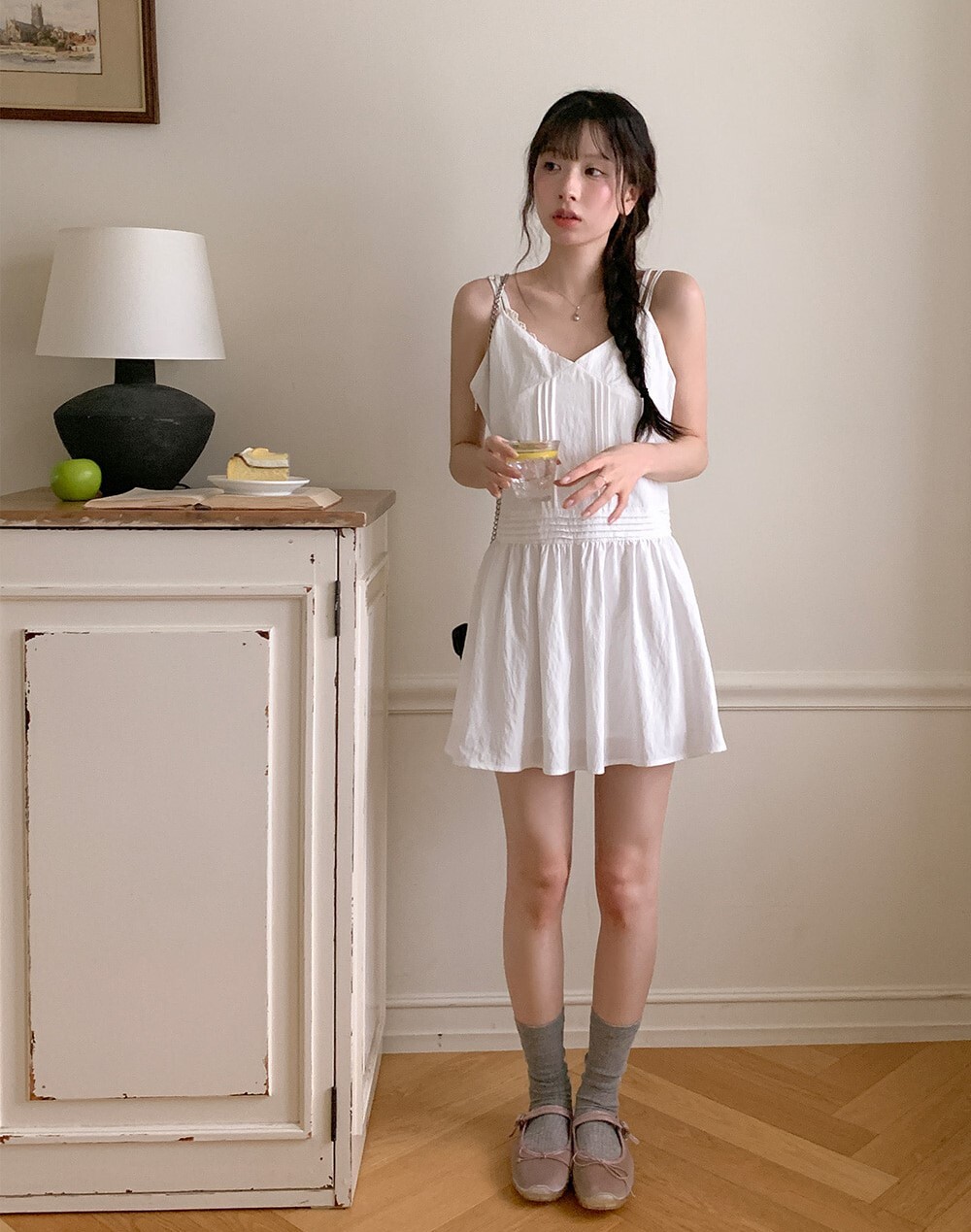 韓國grace muse授權 春日溫柔簡約線條V領連身裙