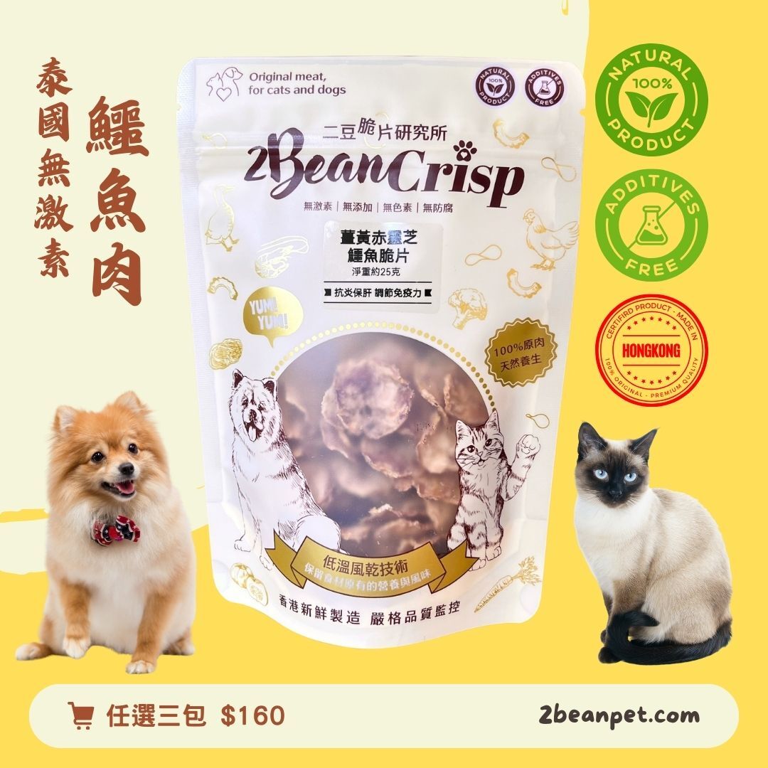 2BeanPet 薑黃赤靈芝鱷魚脆片｜補氣活循環 抗炎保肝｜健脾胃護毛髮｜香港製造 天然風乾 狗零食 貓零食｜全天然無添加