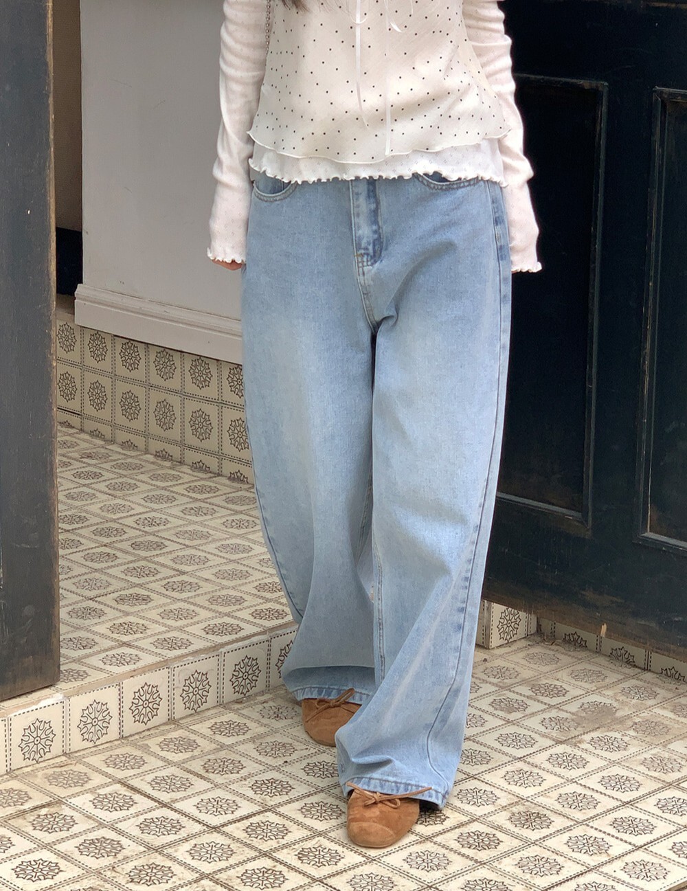 韓國grace muse授權 韓系清新水洗寬鬆落地感牛仔褲