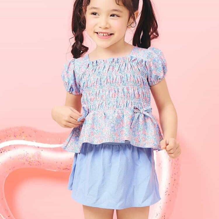 日本 90-140 褶皺緞帶2件式泳衣 3色