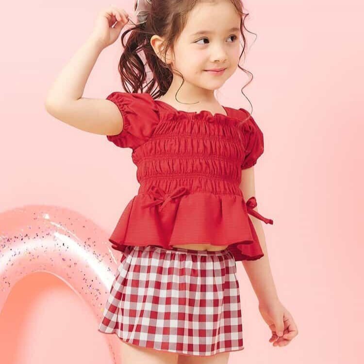 日本 90-140 褶皺緞帶2件式泳衣 3色