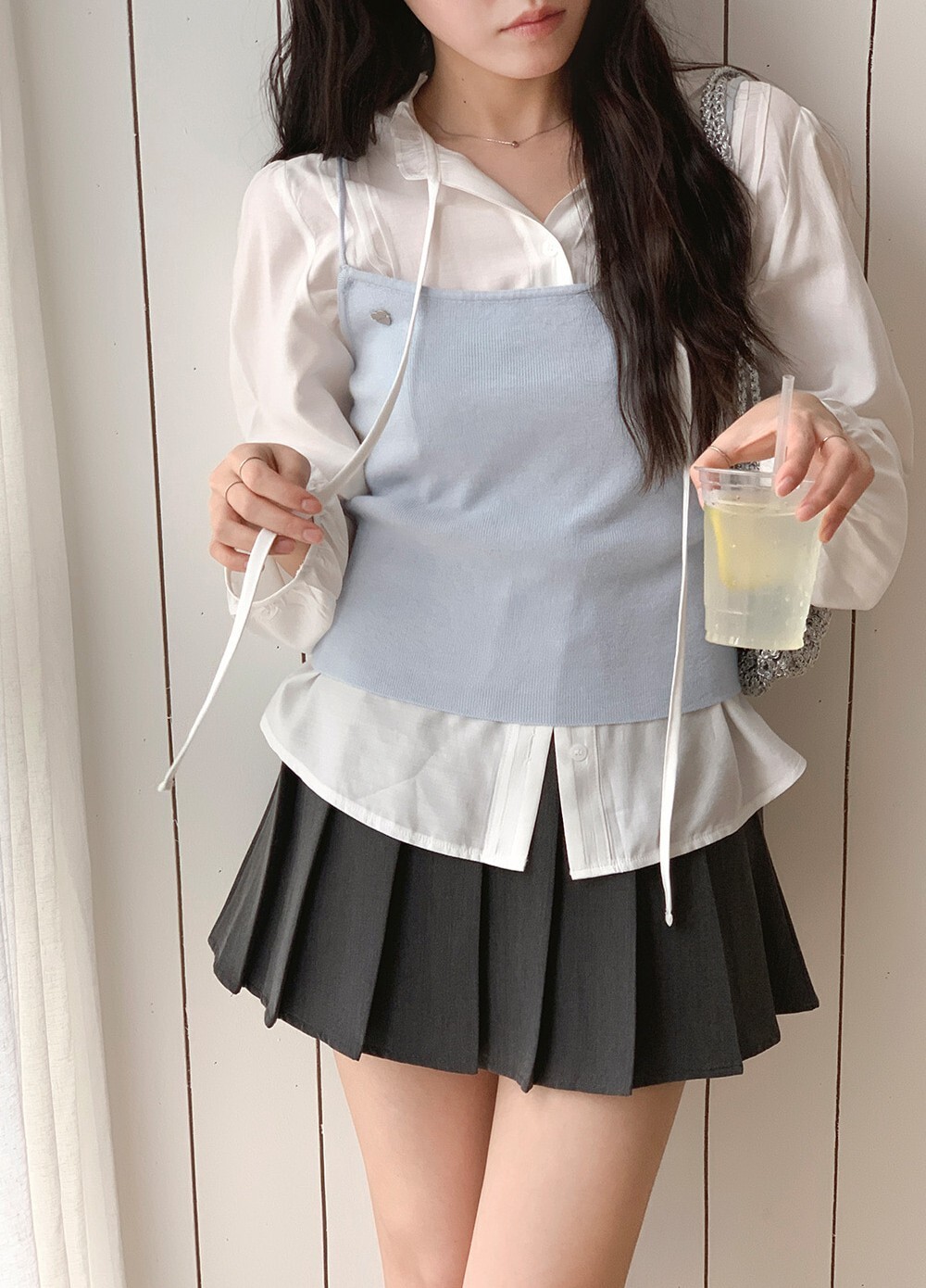 韓國grace muse授權 校園經典俐落折線高腰百褶短裙