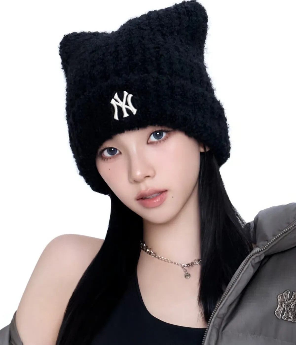 Karina  同款 MLB PLUSH MEOWING BEANIE 貓耳 針織毛帽 黑色 / 白色